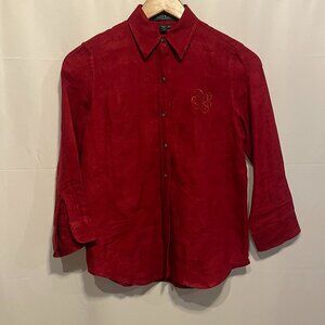 Women Lauren Ralph Lauren Petite (P) Blouse Red 100% Linen Button Up Long Sleeve